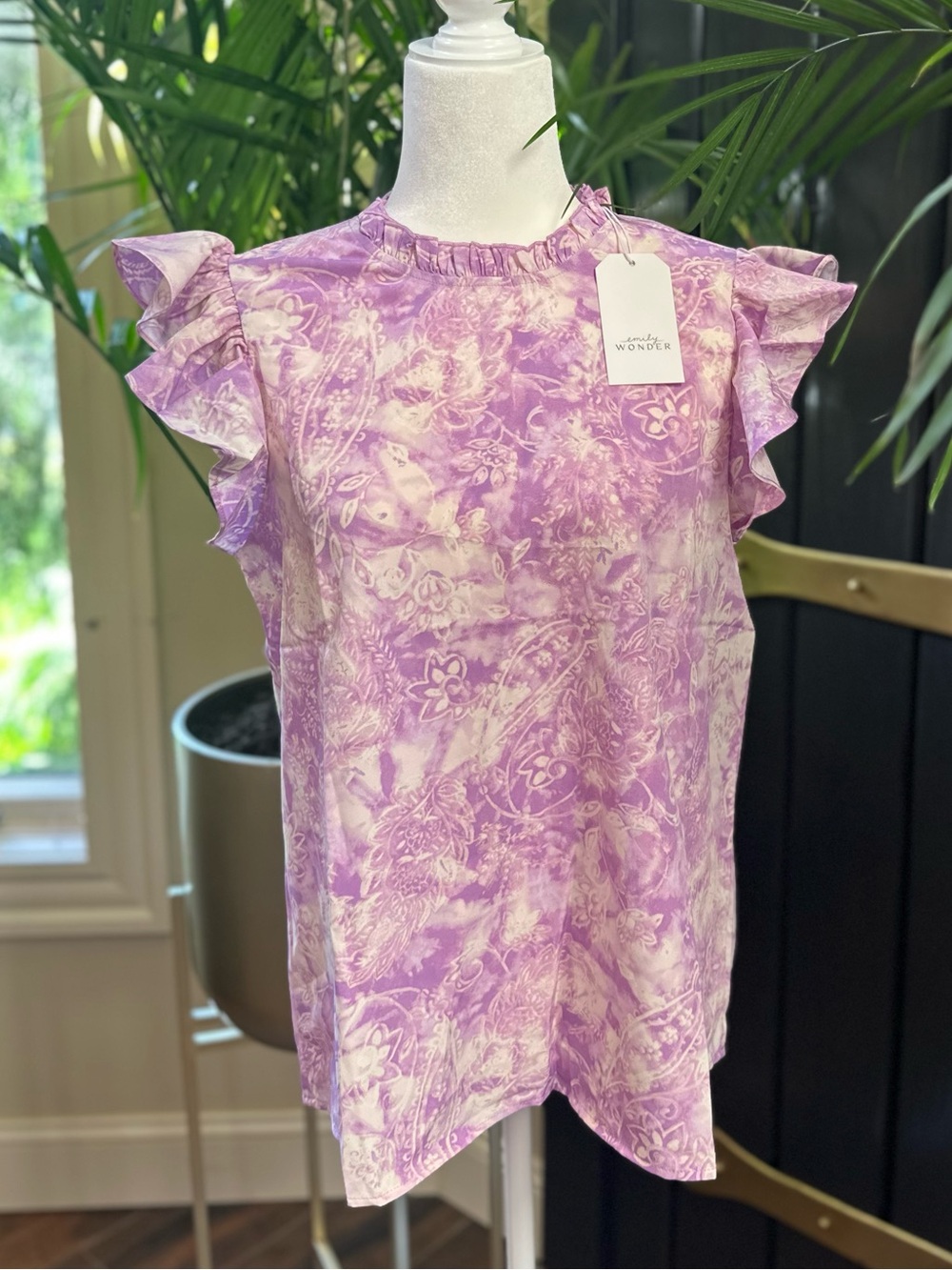 NWT EMILY WONDER Lavender Floral Ruffle Sleeve High Neck Women's Top Blouse Sz S